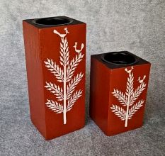 Hand Painted Wooden Candle Holder Pair with Bird Motif